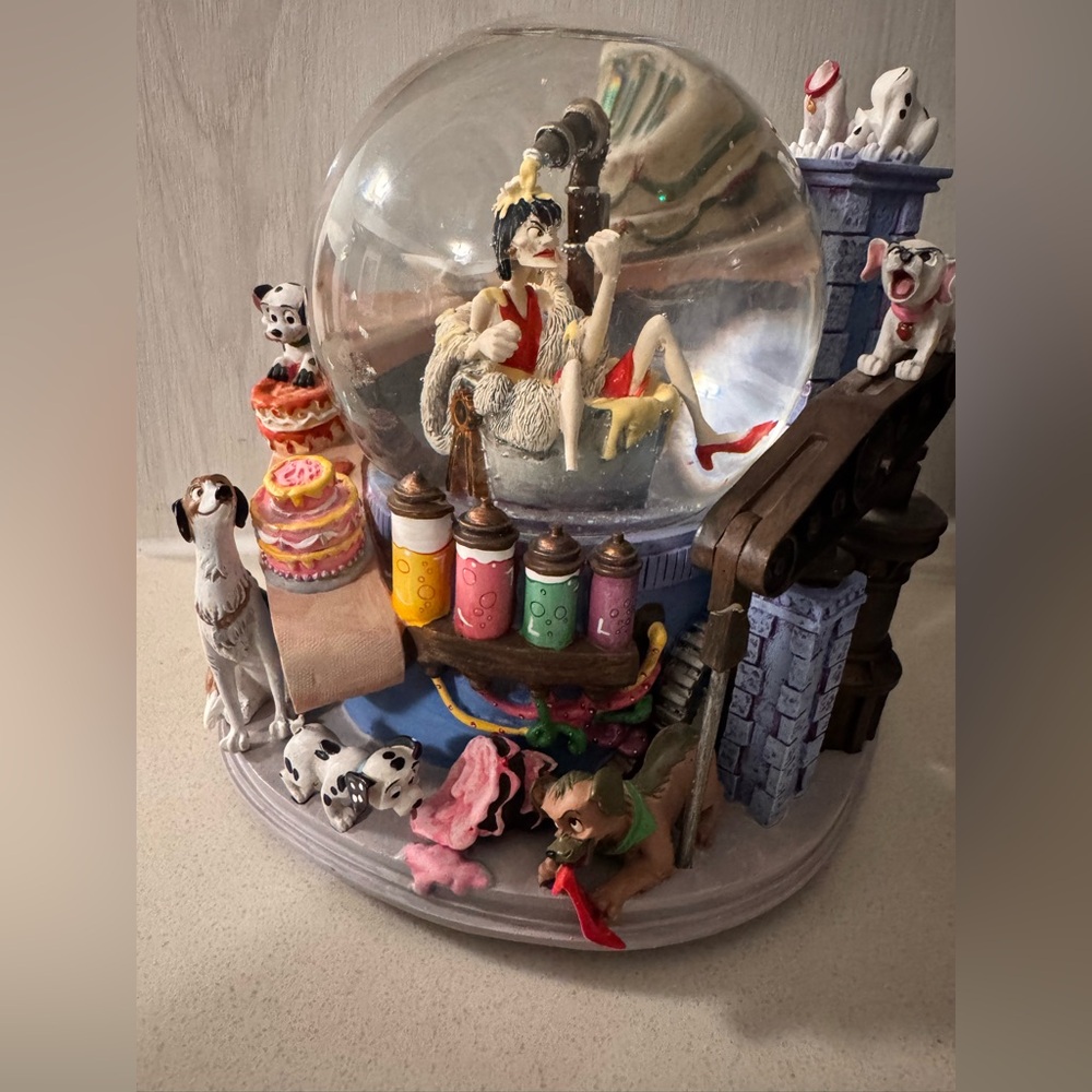 Vintage Disney 102 Dalmatian’s Snow Globe Cruella De Vil Musical Bakery Scene